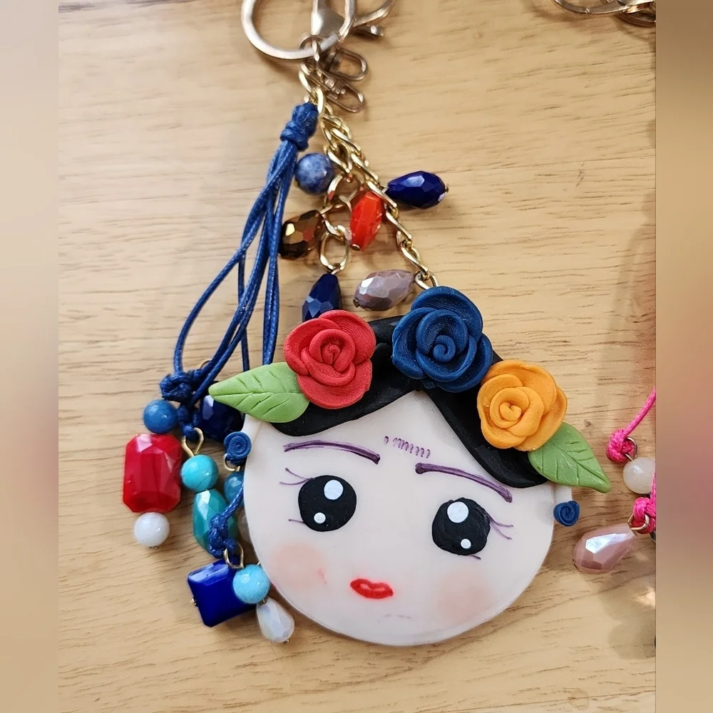 2 Handmade French Clay Frida Kahlo Keychain Colorful Artisan Bag Charm